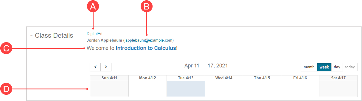 The Class Details pane can display a link relevant to your class, the instructor's name and email, a class message, and the class calendar.